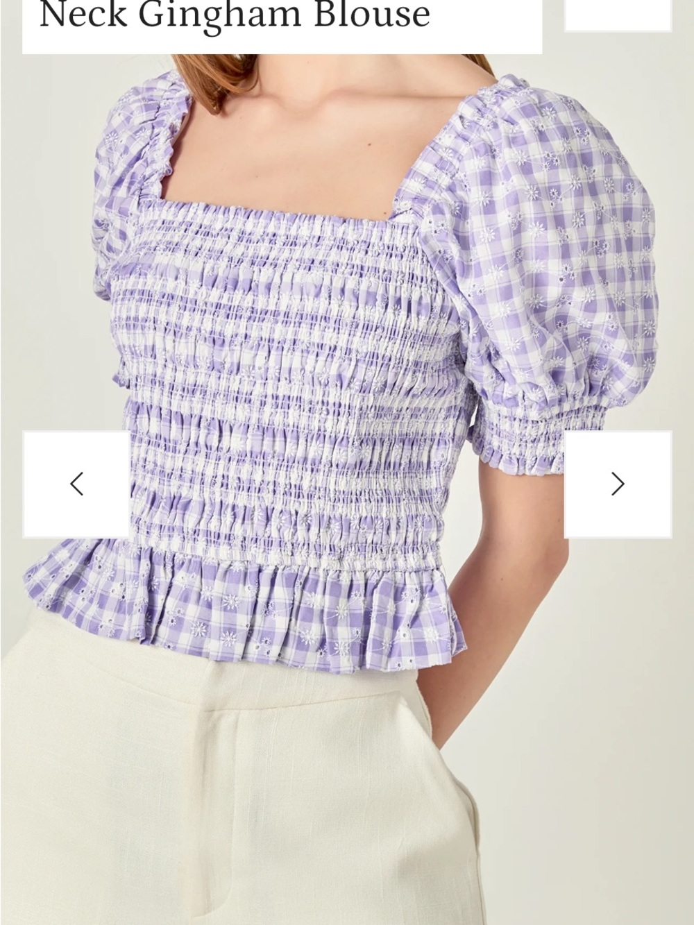 English Factory Lavender Gingham Smocked Puff-Sleeve Blouse